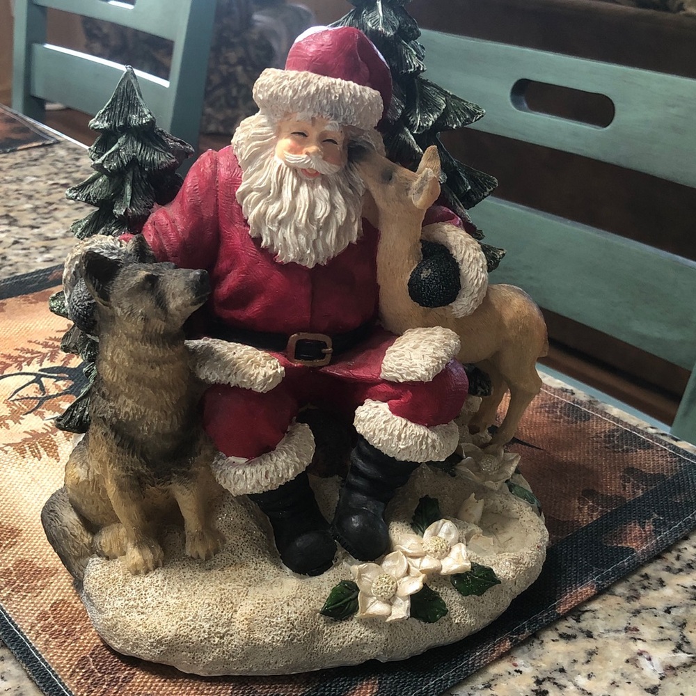 Santa Figurine with Dog & Deer- Christmas Holiday Festive